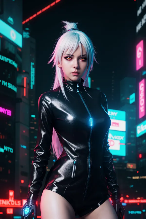 Cyberpunk Woman with White and Pink Hair in Futuristic Neon Cityscape at Night, Wearing Black Glossy Bodysuit with Blue Light Accents and Cybernetic Gloves