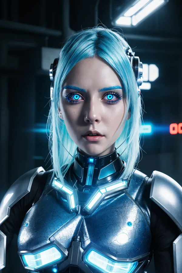 Futuristic Cybernetic Female Character with Glowing Blue Eyes and Neon-Lit Armor in High-Tech Lab Environment
