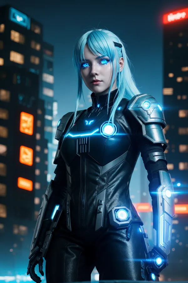 Futuristic Cyberpunk Female Character with Blue Hair and Glowing Armor in Neon-Lit Cityscape Embracing Sci-Fi Aesthetic and Dark Urban Atmosphere