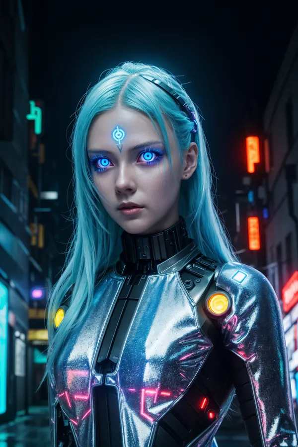Futuristic Cyberpunk Female Character with Electric Neon Blue Hair and Glowing Cybernetic Armor in a Neon-Lit Night City Street with Intense Gaze and Vibrant Digital Lighting