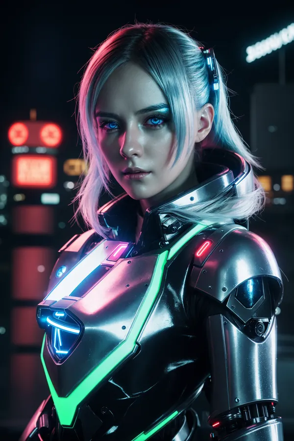 Futuristic Cyberpunk Woman in High-Tech Armored Suit with Glowing Neon Lights Against Neon-Lit Cityscape at Night, Intense Mood