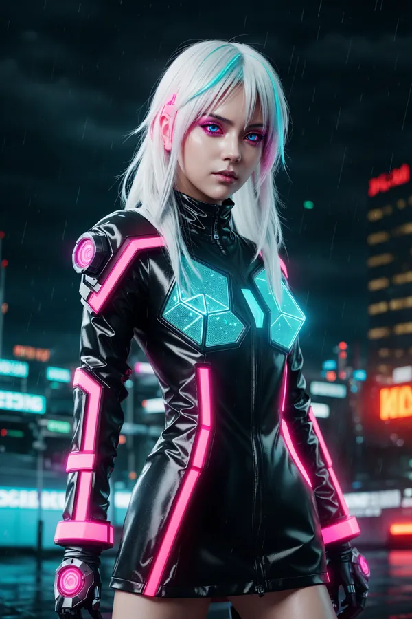 Futuristic Cyberpunk Woman with Iridescent White Hair, Neon Pink and Blue LED Accents on Black Leather Suit, Standing in Rainy Neon-Lit Cityscape at Night with Wet Streets and Vibrant Digital Illumination