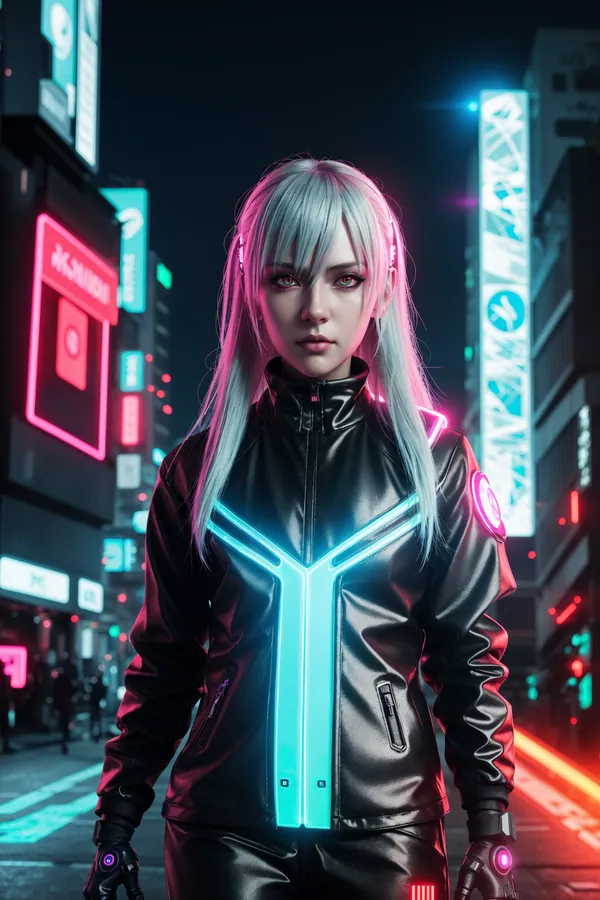 Neon-Lit Cyberpunk Female Character with Silver Hair and Futuristic Jacket in a Vibrant City Night Scene with Neon Signs and Ambient Lighting Mood