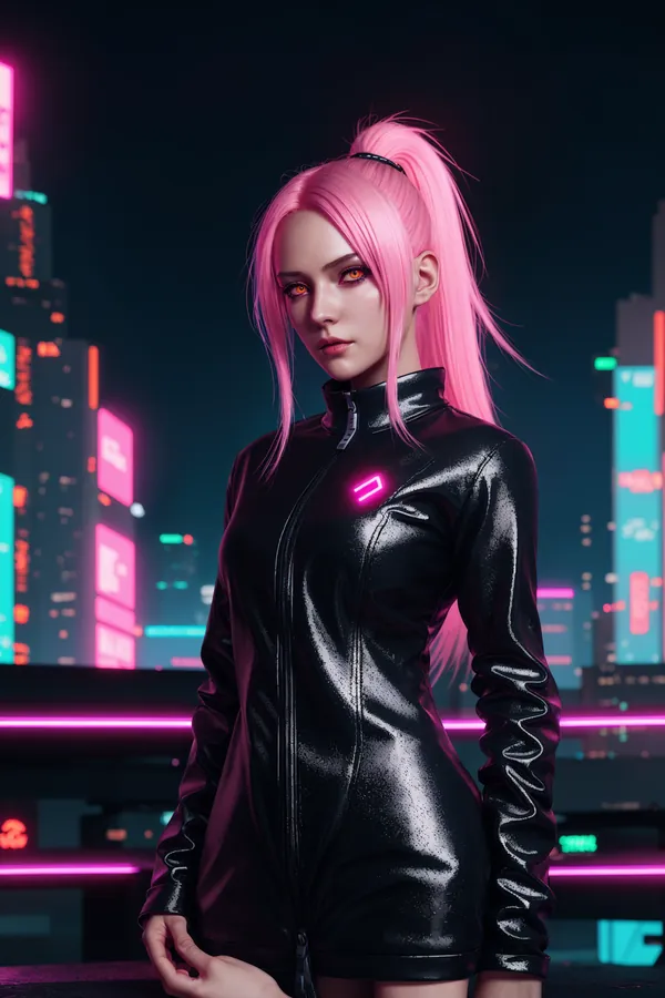 Pink-Haired Cyberpunk Character in Sleek Black Outfit Standing Against Vibrant Neon Cityscape at Night with Futuristic Lighting and Confident Mood