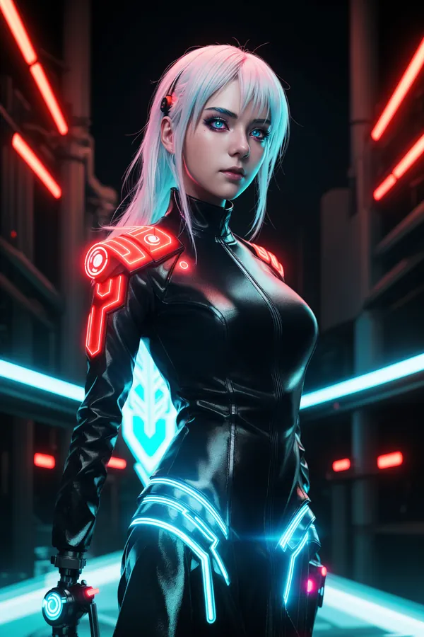 Stylish Cyberpunk Female Character in Form-Fitting Black Leather Suit with Red and Blue Neon Light Details Standing in Dark Futuristic Cityscape at Night
