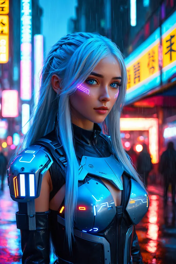 Beautiful Cyberpunk Woman with Neon Cybernetic Armor and Long Platinum Hair Standing in Rainy Neon-Lit City Street with Vibrant Blue and Pink Lighting, Futuristic Fashion and Sci-Fi Mood