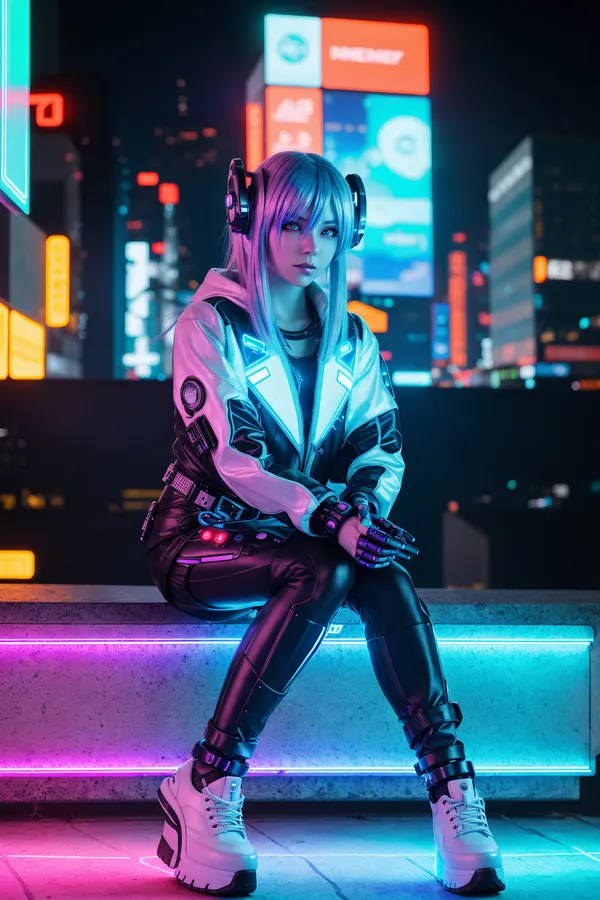 Cyberpunk Cosplayer with Silver Hair and Headphones Posed on Neon-Illuminated Urban Bench Amidst Vibrant Neon Lights and Futuristic Cityscape at Night