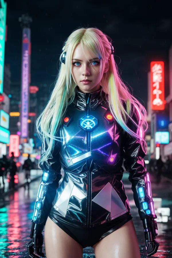 Cyberpunk Female Character with Neon-Lit Cybernetic Armor and Blonde Pastel-Hued Hair Standing on Rainy Urban Street with Vibrant Neon Signs and Reflective Wet Pavement