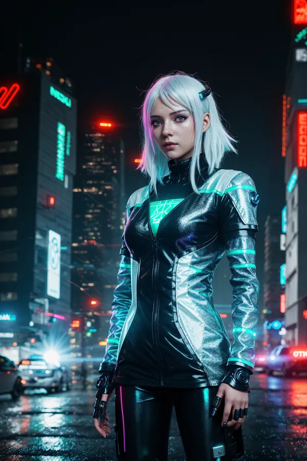 Cyberpunk Futuristic Female Character in Neon-Lit Rainy Cityscape, Silver Hair, Metallic Suit with Glowing Green Accents, Confident Pose, Dark Urban Dystopia Atmosphere at Night