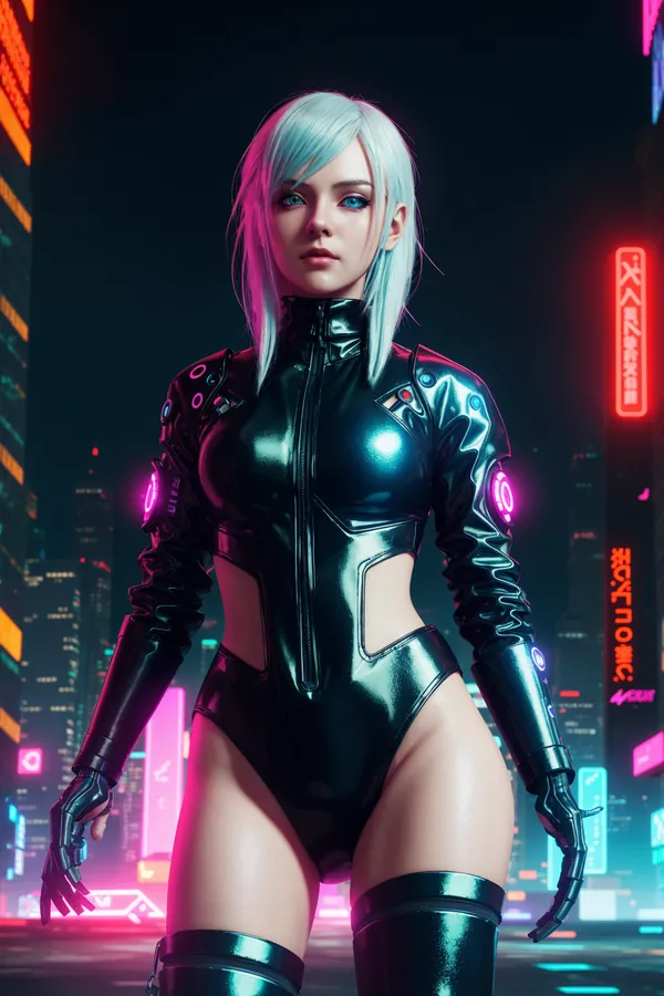 Cyberpunk Neon City Scene with Futuristic Female Character in Black Glossy Bodysuit, Silver Hair, and Neon Lighting, Embodying a Bold and Futuristic Mood