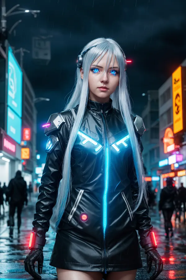Cyberpunk Neon Goddess: Silver Haired Futuristic Woman in Glowing Jacket Standing on Rainy City Street with Neon Lights and Dark Atmospheric Mood