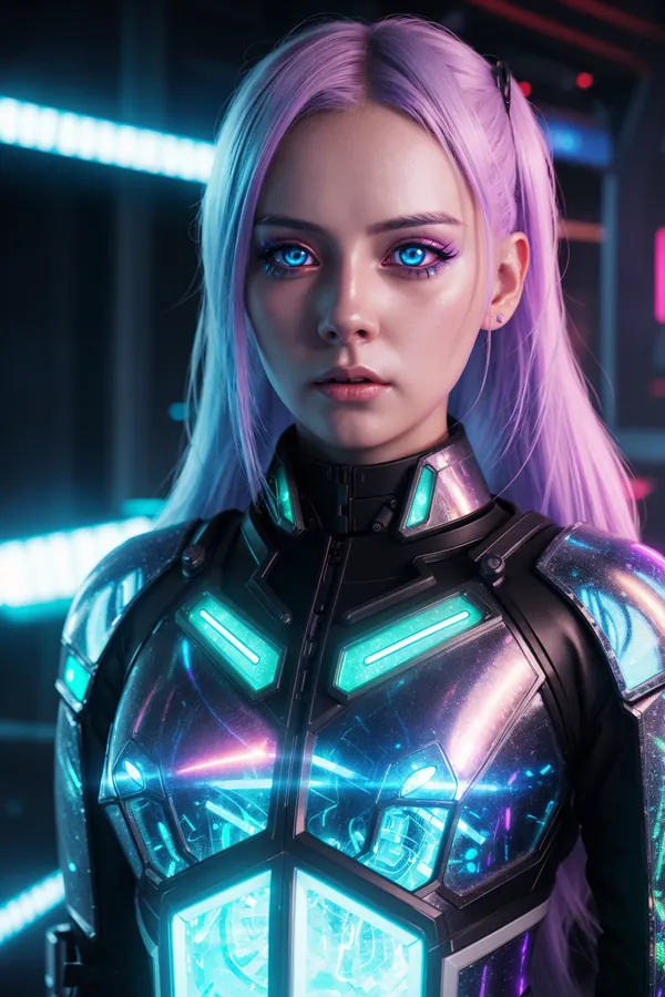 Futuristic Cyberpunk Character with Glowing Neon Armor, Purple Hair, Blue Eyes, and High-Tech Neon-Lit Sci-Fi Environment in a Sleek Intense Mood