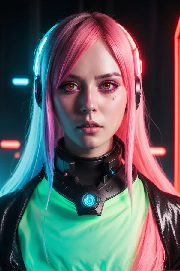 Futuristic Cyberpunk Character with Neon-Lit Pink and Blue Hair, Cybernetic Collar, and Glowing Headphones in a Neon-Activated Dark Environment
