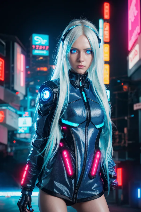 Futuristic Cyberpunk Character with Platinum Blonde Hair, Neon-Lit Metallic Armor, Glowing Blue Eyes, and Vibrant Cityscape Lighting Mood