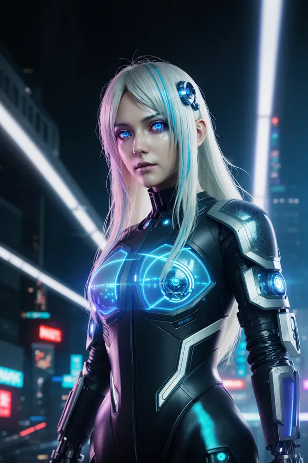 Futuristic Cyberpunk Female Android with Glowing Blue Eyes and Neon-Lit Cybernetic Suit Standing in Vibrant Neon Cityscape at Night