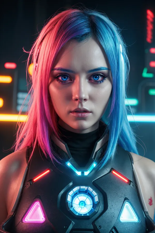 Futuristic Cyberpunk Female Character with Pink and Blue Hair Wearing Glowing Neon Cybernetic Armor in a Neon-Lit Cityscape with Intense Mood