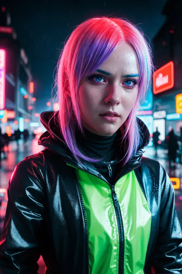 Neon-Lit Cyberpunk City Street Portrait of a Woman with Purple-Pink Hair, Blue Eyes, and Rain-Soaked Jacket Under Rainy Night Ambience