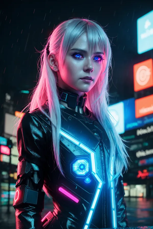 Platinum Blonde Cyberpunk Woman with Neon-Lit Futuristic Armor Standing in Rainy Neon Cityscape, Blue Cybernetic Eyes and Sleek Techwear in Dramatic Pink and Blue Lighting