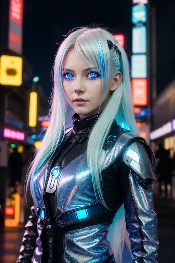 Platinum Blue-Haired Cyberpunk Futuristic Character in Glowing Neon-Lit Urban Night Cityscape with High-Contrast Lighting and Confident Mood