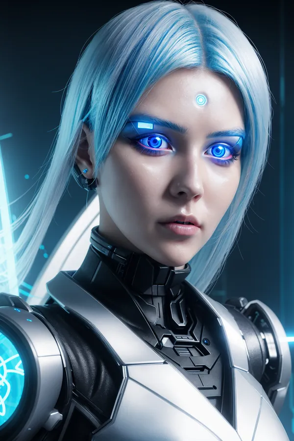 Ultra-Realistic Futuristic Cyborg Female with Blue Hair, Glowing Cybernetic Eyes, and Advanced Armor in Dark Sci-Fi Environment with Neon Lighting