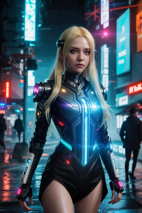 Cyberpunk Female Character in Glowing Neon-Infused Tactical Suit Standing on Rainy City Street at Night with Futuristic Neon Lights and Wet Pavement Atmosphere