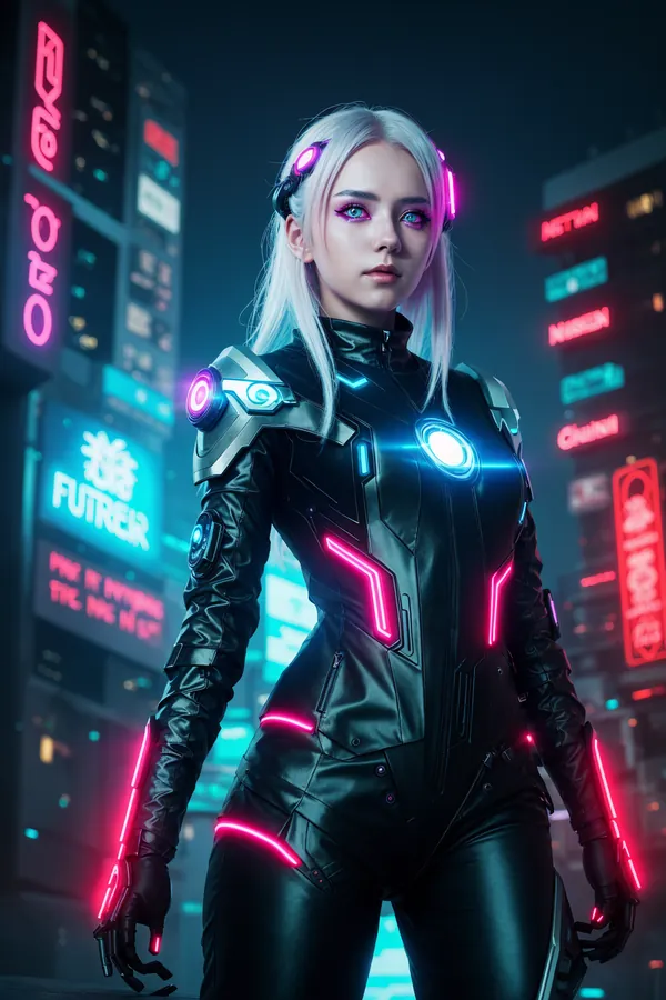 Cyberpunk Female Character in High-Tech Neon-Lit Urban Environment with Glowing Blue and Pink Circuitry Armor, Electric Lighting, and Futuristic Cityscape Background