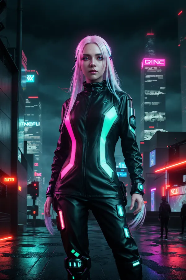 Cyberpunk Female Character with Neon-Lit Silver Hair and Futuristic Suit Standing in Rainy Neon Cityscape at Night