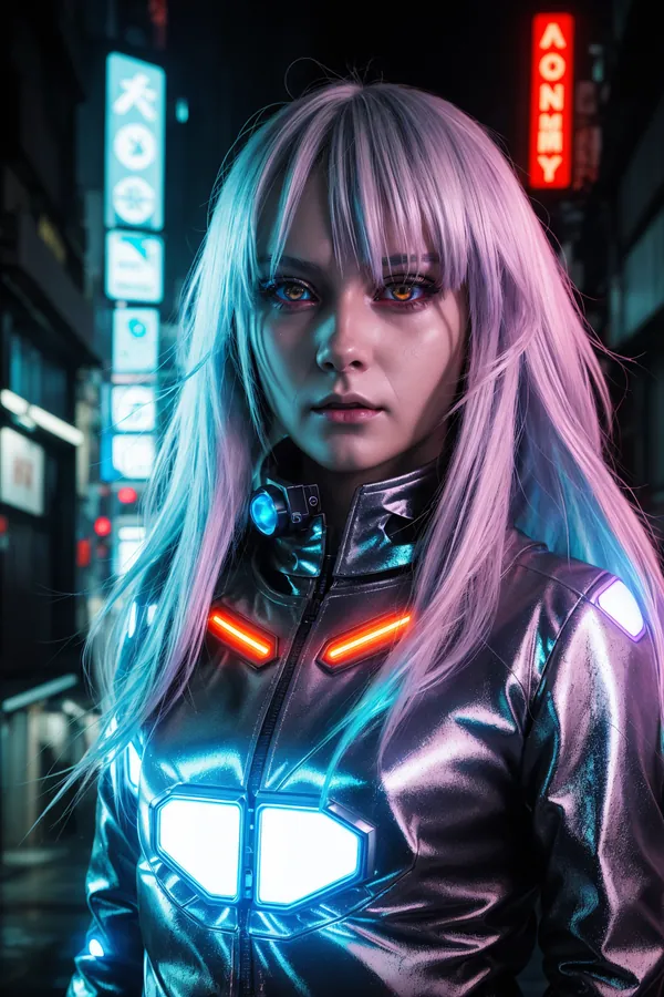 Cyberpunk Futuristic Character with Glowing Neon Lights on Silver-Pink Hair Standing in Neon-Lit Night City Street, Intense Expression and High-Tech Outfit
