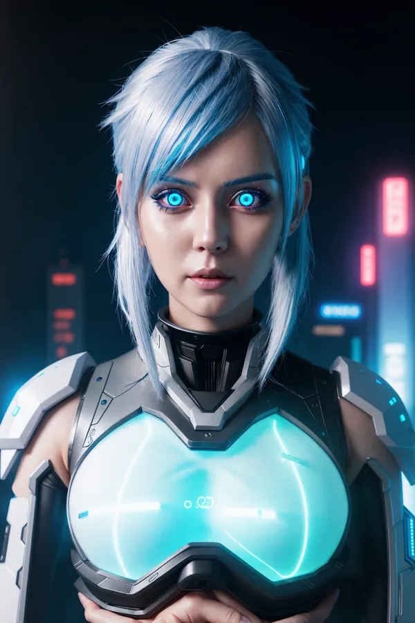 Cyberpunk Futuristic Female Character with Silver-Blue Hair and Glowing Blue Eyes, Wearing Advanced Cybernetic Armor with Neon-Lit Cityscape Background in High-Contrast Lighting, Creating an Intense Futuristic Mood