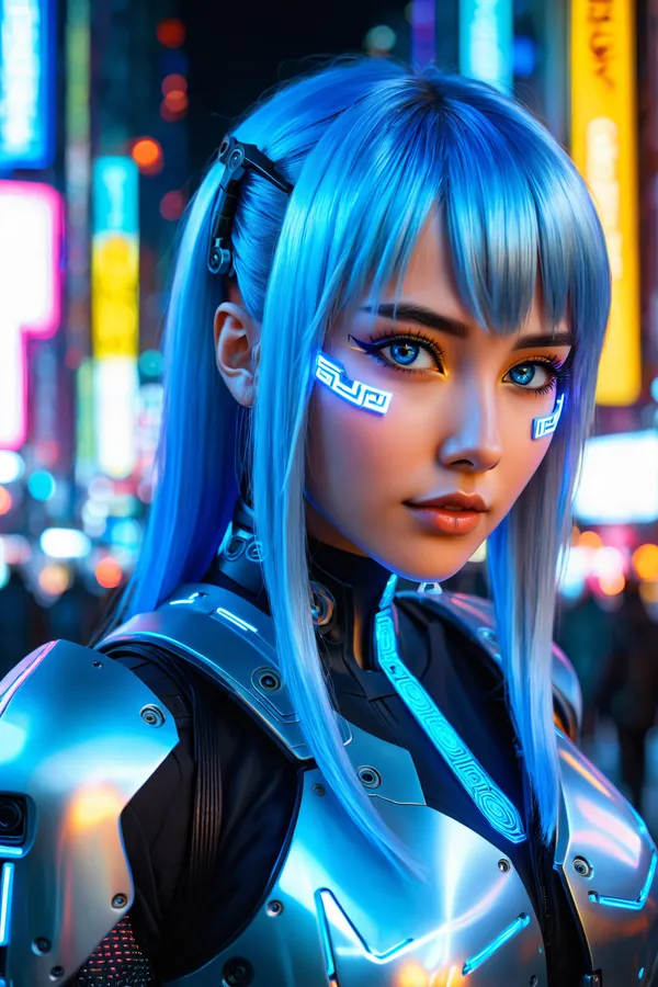 Cyberpunk Futuristic Woman with Glowing Neon Facial Markings, Silver-Blue Hair, Metallic Armor, and Neon-Lit Urban Cityscape at Night