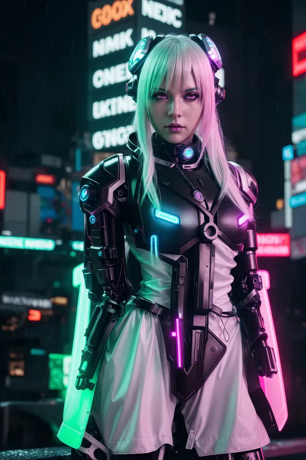 Cyberpunk Neon Noir Cityscape: Confident Female Cyborg in Futuristic Armor and Glowing Weaponry Amid Rainy Urban Streets with Neon Signage