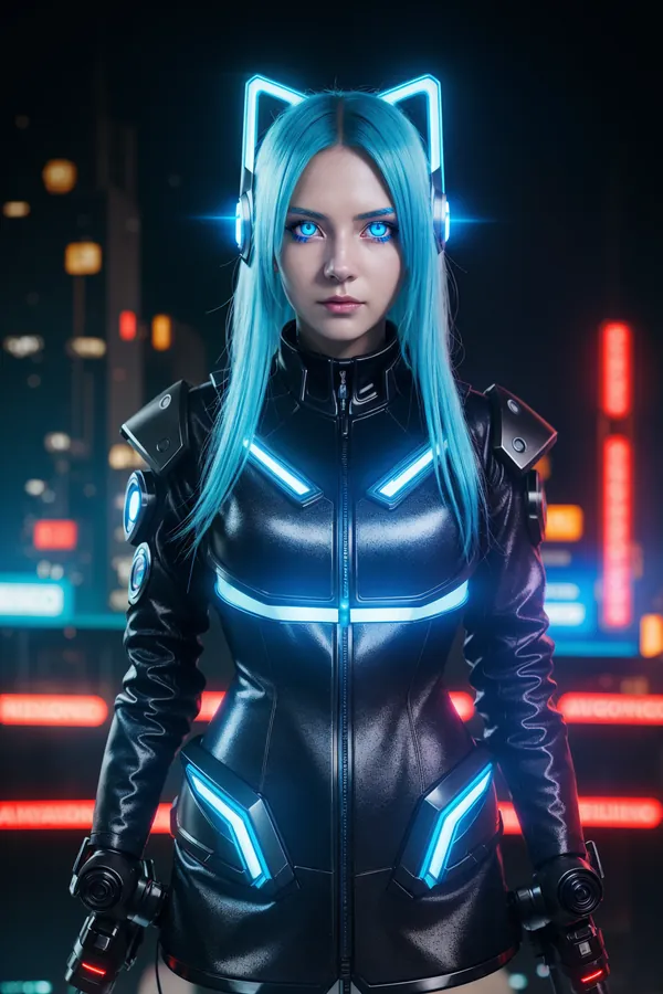 Cyberpunk Woman with Teal Hair and Glowing Neon Cat Ears Wearing Futuristic Armor in Vibrant Neon Cityscape at Night with Dramatic Lighting and Confident Pose