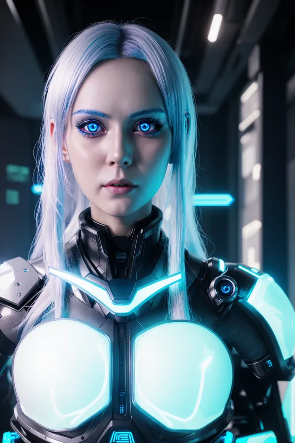 Futuristic Cybernetic Female Character in Glowing Blue Tech Armor: Neon-Lit Corridor Environment with Cool Lighting and High-Tech Sci-Fi Mood