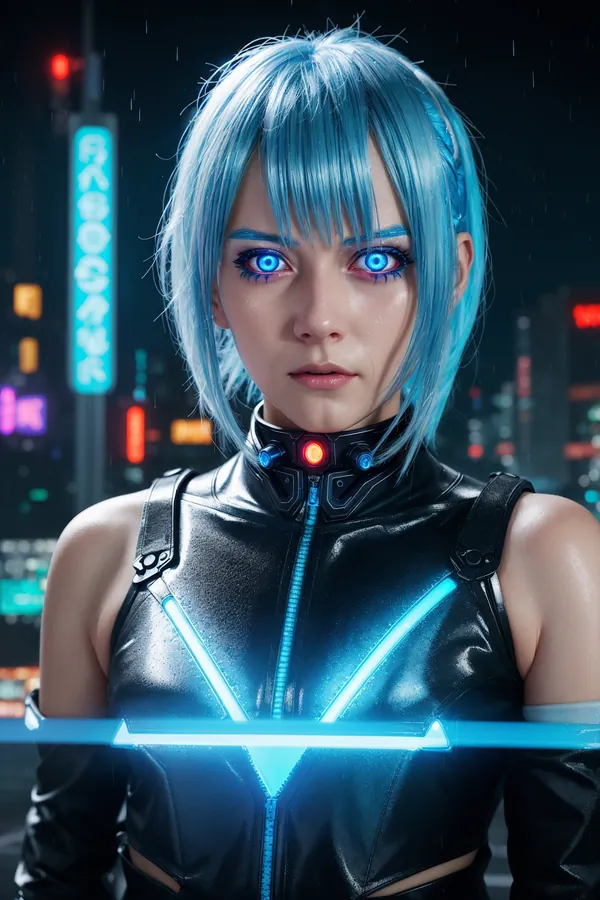 Futuristic Cyberpunk Character with Electric Blue Hair Glowing Eyes High-Tech Neon-Activated Black Leather Outfit in Rainy Neon Cityscape Night Evoking Cybernetic Mood