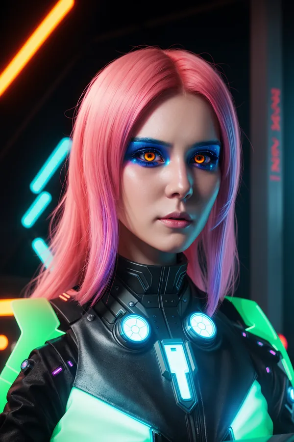 Futuristic Cyberpunk Woman with Vibrant Pink Hair and Glowing Neon Armor in a Neon-Drenched Urban Setting Highlighting Advanced Technology and Confident Demeanor