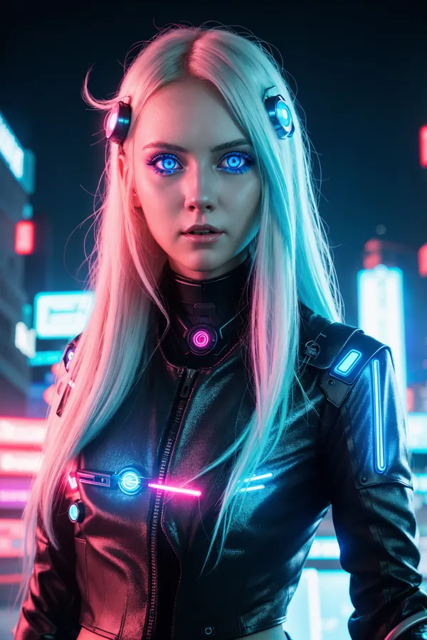 Neon-Lit Cyberpunk Woman with Long Blonde Hair, Glowing Blue Eyes, and Advanced Cybernetic Implants in Vibrant Futuristic Cityscape at Night with Pink and Blue Lighting