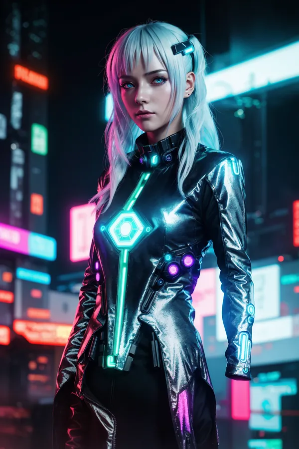 Stylish Cyberpunk Female Character with Silver Hair and Glowing Neon-Accented Tech Suit Standing Confidently Amidst Vibrant Holographic Neon Cityscape at Night with Futuristic Lighting and Futuristic Mood