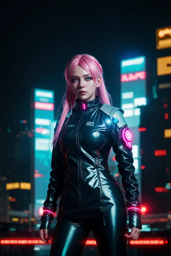 Cyberpunk Female Character with Long Pink Hair and Futuristic Black PVC Outfit Featuring Neon Accents in a Neon-Lit Cityscape at Night with Dramatic Lighting and Sci-Fi Mood