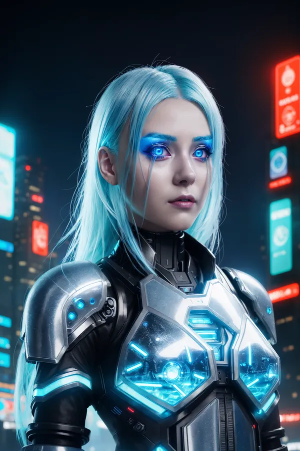 Cyberpunk Female Cyborg with Glowing Blue Eyes and Neon-Lit Futuristic Armor in a Dystopian Nighttime Cityscape