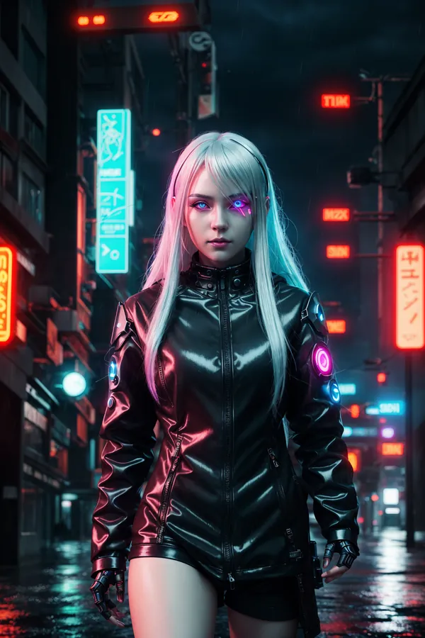 Cyberpunk Female Cyborg with Glowing Eyes and Silver Hair in Rainy Neon-Lit City Street at Night, Black Leather Jacket and Futuristic Tech Accessories