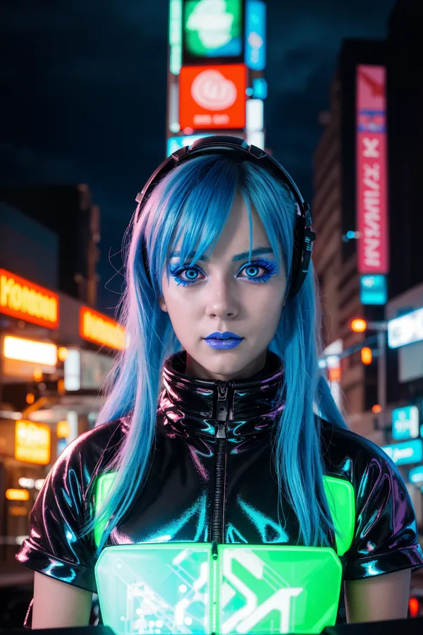Cyberpunk Futuristic Female with Electric Blue Hair, Neon Blue Eyeliner, and Purple Lipstick in a Vibrant Neon Cityscape at Night Wearing a Reflective Black Jacket, High-Tech Headphones, and Holding a Glowing Circuit Board Device