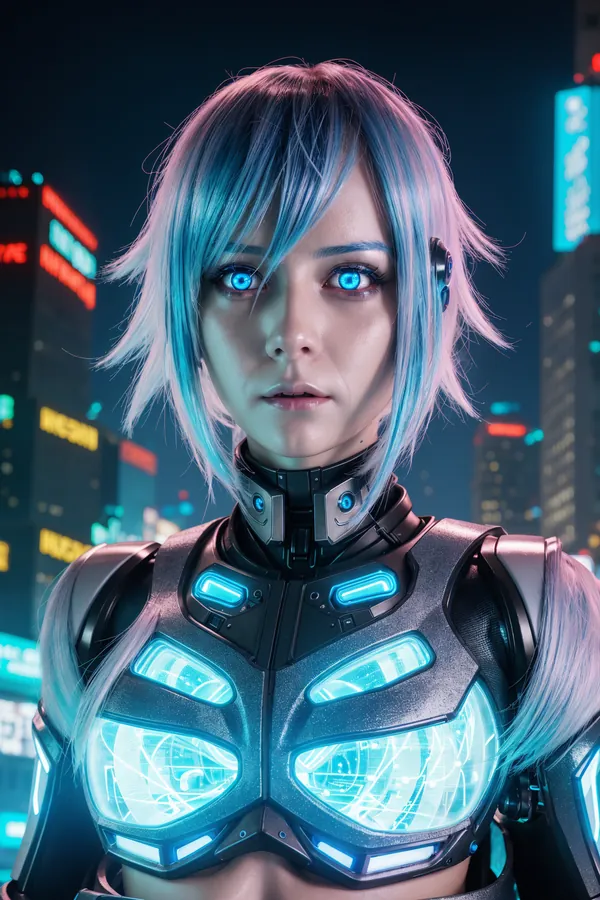 Cyberpunk Futuristic Woman with Glowing Blue Eyes and Neon-Lit Cybernetic Armor Standing in a Vibrant Nighttime Cityscape with Neon Signage and Futuristic Lighting Mood