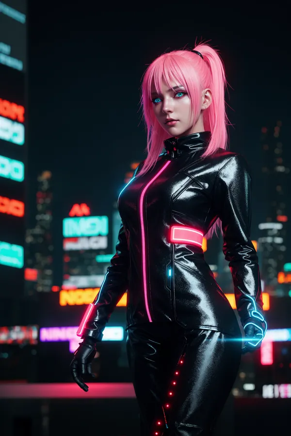 Cyberpunk Girl with Bright Neon-Pink High Ponytail Hair, Futuristic Black Glossy Leather Suit with Pink and Blue LED Accents, Standing in Vibrant Neon-Lit Futuristic Cityscape at Night with Glowing Billboards and Sci-Fi Urban Atmosphere Mood
