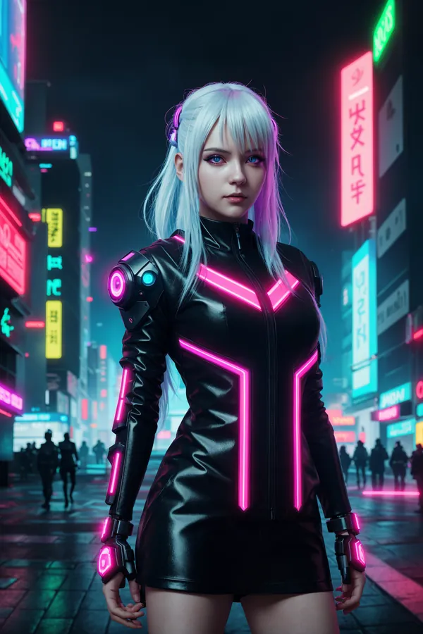 Cyberpunk Neon City Girl with Silver Hair and Pink Accented Futuristic Black Leather Outfit Standing in Rainy Cyberpunk Street with Bright Neon Signs and Atmospheric Lighting