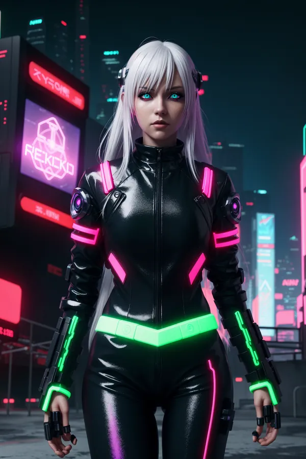 Cyberpunk Neon Lights Digital Art: Silver-Haired Futuristic Female Character in High-Tech Metallic Suit with Glowing Pink and Green Neon Accents Against Neon-Lit Cityscape at Night
