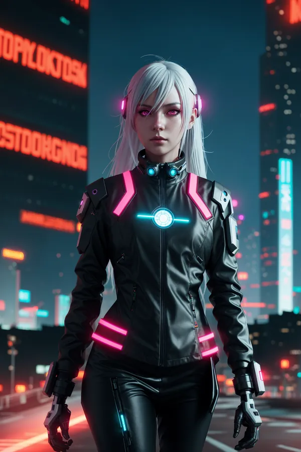 Cyberpunk Woman in Neon-Lit Techwear Jacket with Glow Accents Standing on Futuristic City Street at Night | Sci-Fi Fashion, Neon Lighting, Cybernetic Headset, Urban Nightlife, Digital Art