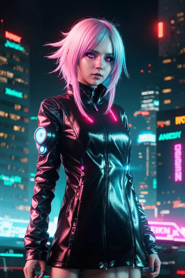 Futuristic Cyberpunk Woman with Pink Hair and Cybernetic Arm Standing in Neon-Lit Cityscape at Night, Wearing Shiny Black Leather Jacket with LED Accents, Neon Lighting Creates Intense Mood
