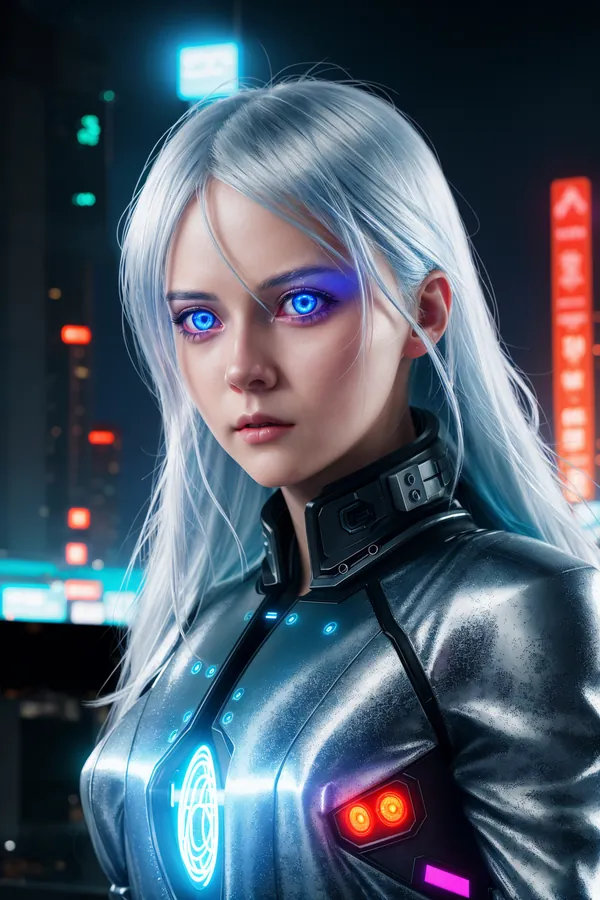 Futuristic Cyberpunk Woman with Silver Hair and Glowing Blue Eyes in Neon-Lit Cityscape, Sci-Fi Heroine with High-Tech Suit and Dramatic Nighttime Lighting