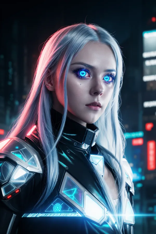 Futuristic Cyberpunk Woman with Silver Hair and Glowing Blue Eyes Wearing Neon-Infused Armor in a Vibrant Nighttime Cityscape Lighting