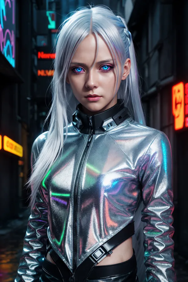 Futuristic Cyberpunk Woman with Silver Hair and Glowing Blue Eyes Wearing Shiny Metallic Jacket in Neon-Lit Urban Alleyway with High-Tech Collar and Intense Sci-Fi Lighting Mood